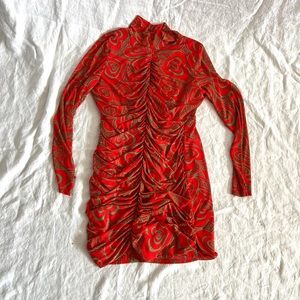 Lisa Says Gah Red & Olive Swirl Ruched Long Sleeve Dress